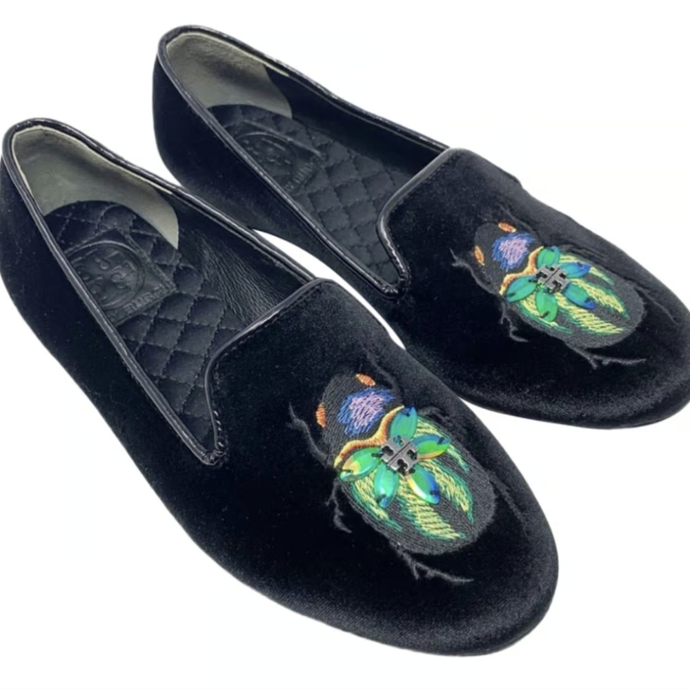 Tory Burch Velvet Beetle Embellished Slip On Easton Loafers Black Size 9.5 M TB.